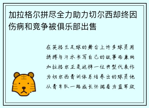 加拉格尔拼尽全力助力切尔西却终因伤病和竞争被俱乐部出售